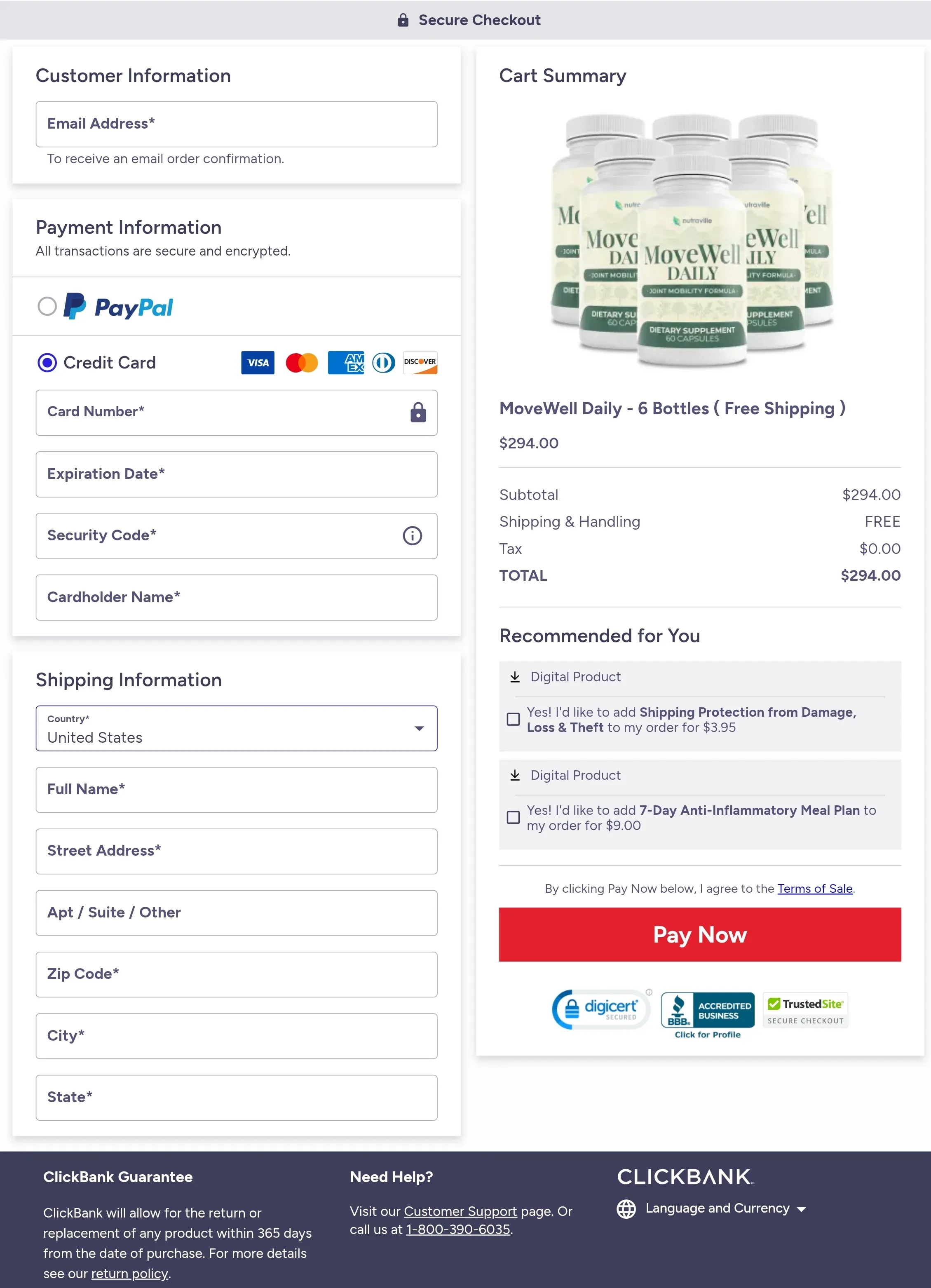 MoveWell Daily product order form with customer information, payment details, and 6-bottle package option